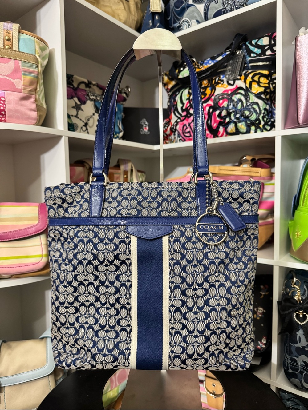 Coach Navy Signature Stripe Tote